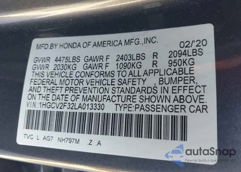 2020 Honda Accord Sport 2.0T from USA, damaged, VIN 1HGCV2F32LA013330